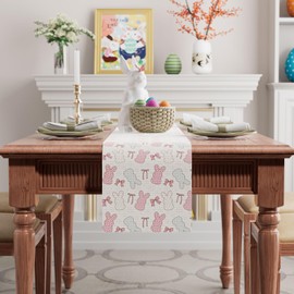 BOTB LIHM Easter Flowers Bunny Pink Bow Rabbits Cloth Table Runner Burlap Table Decoration for Spring Home Kitchen Dining Dinner Indoor Holiday Farmhouse Decor 13x48 Inch