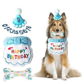 KRYMXAR Dog Birthday Set, 4-Piece Dog Birthday Gift with Toy and Decoration, Blue Outfit for Birthday Parties and Photos, Ideal for Dog Birthday Party