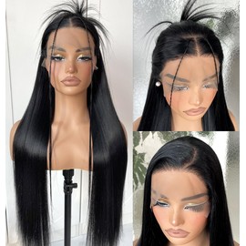 13x6 Natural Black Lace Frontal Wigs, HD Glueless Synthetic Straight Lace Front Wig Pre-Plucked, Ready to Wear Similar Human Hair 200 Density, 32inch #1B
