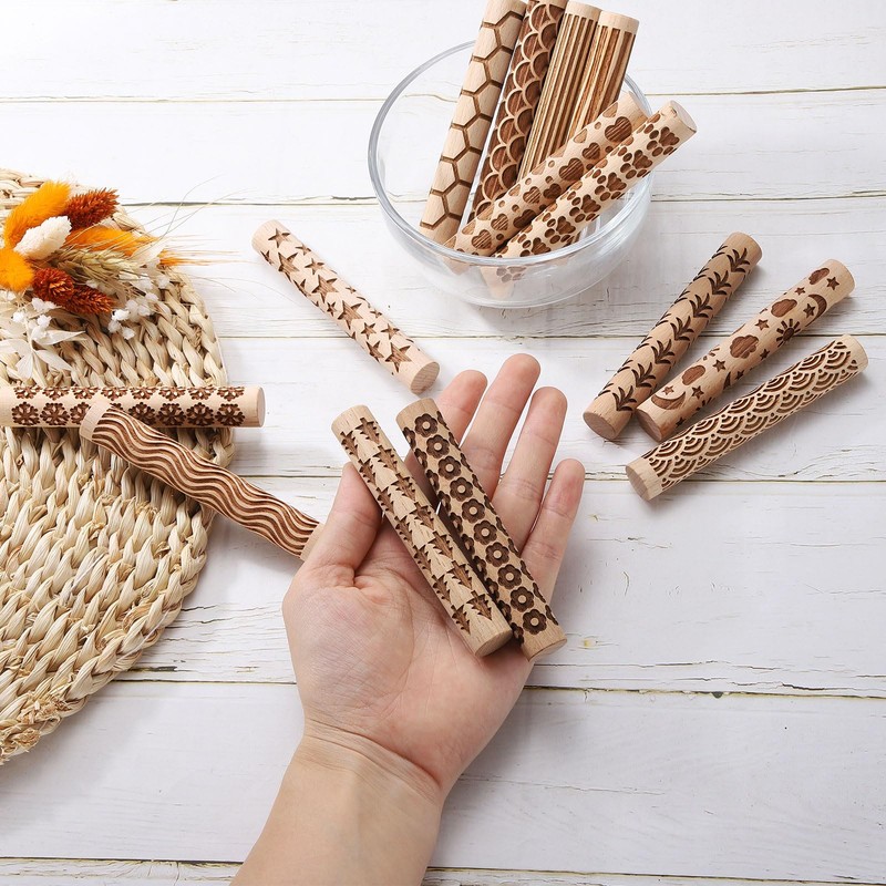 HARFINGTON Wood Clay Roller 4" Water Wave Pattern Rolling Pins