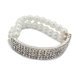 Flashy Rhinestone Bar and White Faux Pearl Stretch Bracelet - White Formal Jewelry