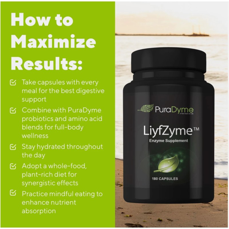 PuraDyme LiyfZyme Plant-Based Digestive Enzyme, Digestive Health Support 180 Cap