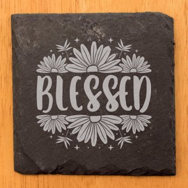 Find Your Happy Place: Floral "Blessed" Laser-Etched Slate Coasters - Square Slate - set of 8