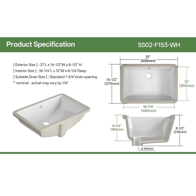 SmartSylva 21" Rectangular Undermount Bathroom Sink, Porcelain Ceramic Lavatory Vanity