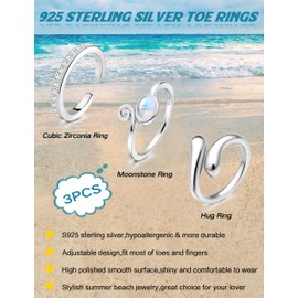 FANCH 3PCS 925 Sterling Silver Toe Rings for Women Hypoallergenic Adjustable Band Tail Open Minimalist Teardrop Zircon Moonstone Toe Rings Summer Beach Foot Jewelry Set Silver