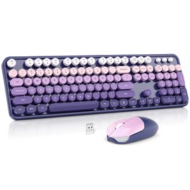 Wireless Keyboard and Mouse Combo, MOWUX Full Size Typewriter Retro Round Computer Keyboard, Cute Optical Mouse Wireless, Plug and Play, for Laptop, PC, Computer- Purple Gradient