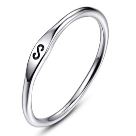 AVECON 925 Sterling Silver Simple Ultra Thin Finger Ring Engraved S Stackable Band for Women Men Size P