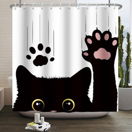 Leowefowa Cute Cat Shower Curtain 72x72 Inch Cartoon Animal Black Cat Paw Print Shower Curtains Funny Kitten Claw Bathroom Waterproof Polyester Fabric Decor Curtain Sets with Hooks