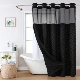 eachope Long No Hook Tufted Chevron Striped Shower Curtain with Snap-in Fabric Liner set-71Wx80H(78H),Black Hotel Grade Boho Style Shower Curtain with See Through Top Window,Water Repellent