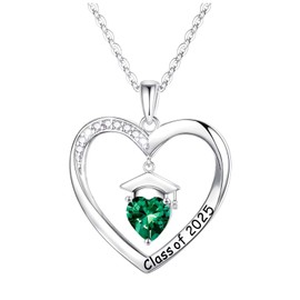 Anoup 2025 Graduation Gifts for Her - Sterling Silver Heart Graduation Necklace, 2025 Ideas Gifts for Her Wife Girlfriend, May Birthstone, Emerald Necklace