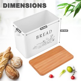 LIANYU White Bread Box with Bamboo Lid for Kitchen Countertop, Large Farmhouse Metal Bread Storage Container Organizer, Vintage Bread Bin Keeper for Counter 13x7x9.8 Inch
