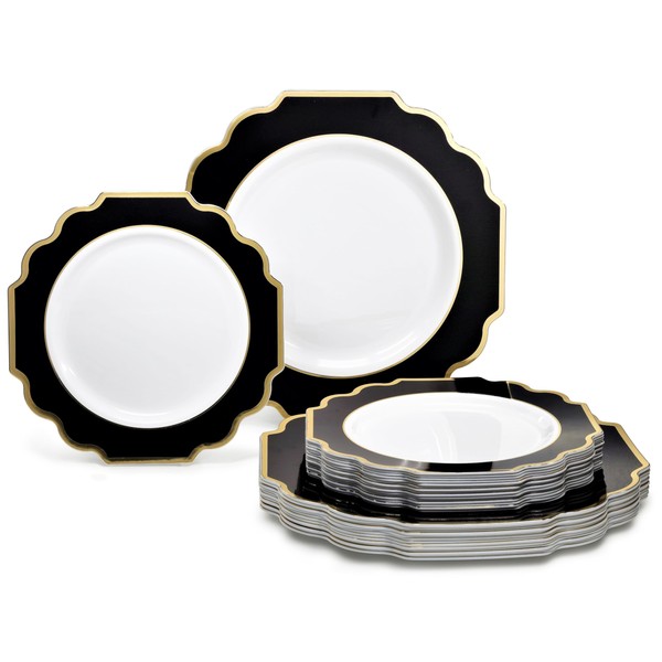 " OCCASIONS " 50 Plates Pack (25 Guests)-Heavyweight Wedding Party Disposable Plastic Plate Set -(25x10.5'' Dinner + 25x8'' Salad/dessert (Imperial in White/Black & Gold)