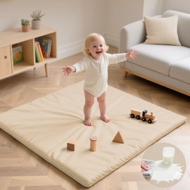 Huloo Sleep Baby Play Mat 50x50 Inches,1.3" Thick Padded Waterproof Floor Cushion & Playpen Mat with Vegan Leather,Non-Slip & Non-Toxic Nursery Rug for Infants, Toddlers & Kids(Beige)