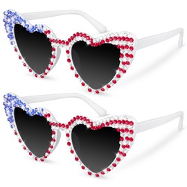 JUSTOTRY 2Pcs 4th of July Sunglasses, Red White and Blue Heart Shaped Glasses with Rhinestone Patriotic Decorations Forth of July Party Accessories for Men Women Children