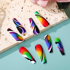 Rilafuvu Acrylic Press on Nails Long Coffin Fake Nails with Ballet False Nails with Water Ripple Rainbow Designs Glue on Nails Colorful Full Cover Artificial Nails Press Ons Stick on Nails 24Pcs