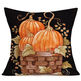 Fukeen Pumpkin Pillow Case Blessing Home Decorative Fall Maple Leaf Flower Throw Pillow Covers Autumn Harvest Thanksgiving Decor Cotton Linen Square Cushion Cover 18x18 Inch for Bedding Room, Black