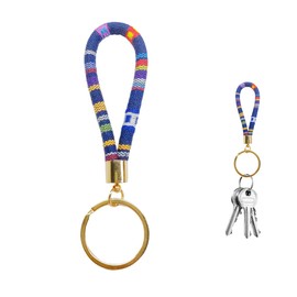 MUQIDA Bohemian Keychain, Handmade Boho Wristlet with Keyring, Hippie Woven Wrist Lanyard Cute Key Fob Holder for Women (Dark Blue)