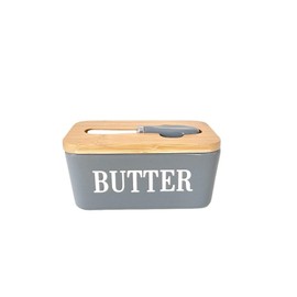 Domini Large Butter Dish,Ceramic Butter Dish with lid and knife, Butter Keeper Double Silicone Seals, Perfect for 2 Sticks of Butter,Gray