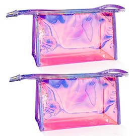 Pack of 2 Fashionable Pink Makeup Pack, PVC Bows Transparent Travel Makeup Organiser Bag Multifunctional Toiletry Bag with Zip for Women, Pink and Purple, Modern