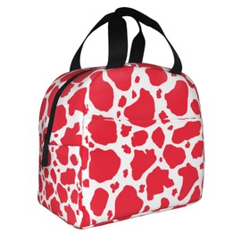 HUZEIMINniu Red And White Cow Print Lunch Bag Tote Bag Portable Insulated Reusable Lunch Box For Office Work Camping Travel Picnic Beach Fishing For Adult
