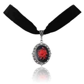 Gothic Rose Flower Crystal Cameo Necklaces for Women Vintage Black Velvet Choker Black Goth Mystic Victorian Flower Collar Necklace Punk Style Halloween Costume Jewelry (Red)