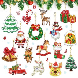 Lymshine Diamond Painting Christmas Pendants, Pack of 16 Diamond Painting Key Chains Christmas Double-Sided, 5D DIY Keyring Set for Christmas Decoration, Christmas Tree Window