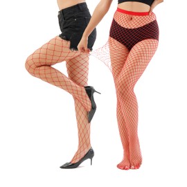 EVERSWE High Waist Fishnet Tights, Thigh High Suspender Stockings (RED-LM, SM)