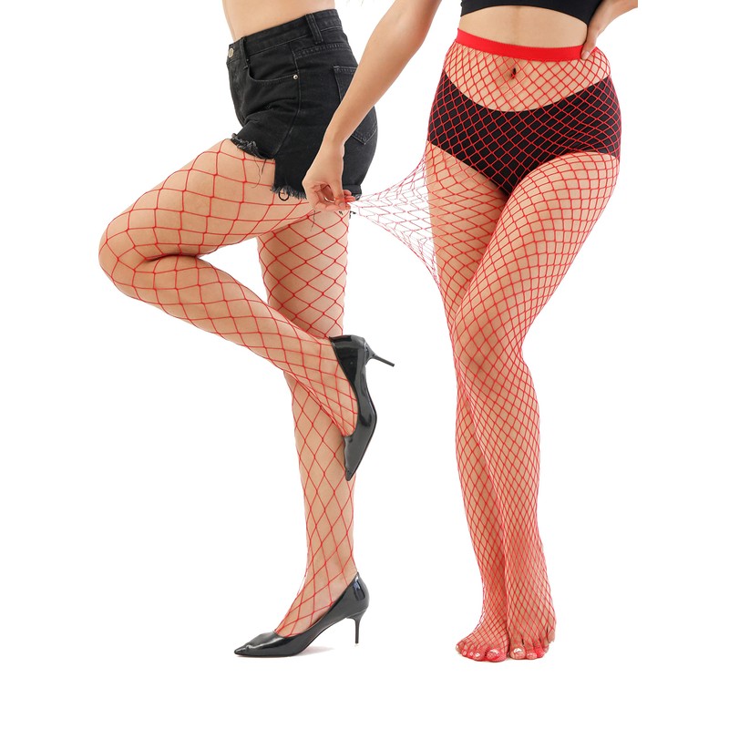 EVERSWE High Waist Fishnet Tights, Thigh High Suspender Stockings (RED-LM,