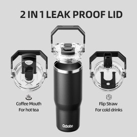 Ozbobo - Vaso de 30 onzas con asa, vaso con popote y tapa, botella de agua con tapa dos en uno sin BPA, botella de acero inoxidable 100% a prueba de fugas (azul marino)