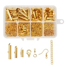 PandaHall 100 Pieces Gold Tube Brass Slide-On Clasps with Fish Earring Hooks and Lobster Clasps Stainless Steel Open Jump Ring Iron Twist Extension Chains
