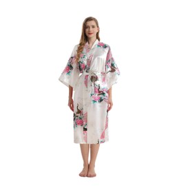 TRIFOLIUM Silky Peacock Satin Kimono Robe and Chemise Dressing Gown Wedding Negligee Nightdress Light Pink, Kimono White