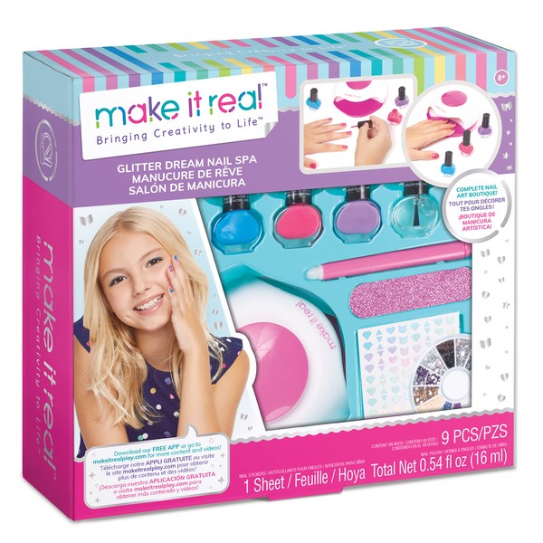 Make It Real – Glitter Nail Spa - Nail Art Kit for Kids with Nail Polish, Nail Dryer, Stickers - DIY Manicure & Pedicure Set