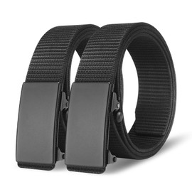 MACBORO Men's Black Nylon Tactical Ratchet Belt 1.25" No Holes Adjustable Web Belt for Jeans Casual Work Golf with Automatic Slide Buckle, 2-Pack EDC CCW Concealed Carry Belt