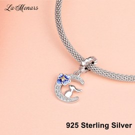LaMenars White Rabbit Watching the Moon and Flowers Charm for 925 Sterling Silver for Women's Bracelets & Necklaces Dangle Pendant for Christmas Day Valentine's Day Mother's Day Gifts for Girls