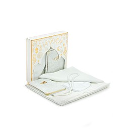 ihvan online Prayer Gift Set for Men & Women, Muslim Prayer Rug, Prayer Mat, Beads Taasbih, Velvet Covered Yaseen, Muslim Kufi Hat, Miswak, Islamic Gift Set for Ramadan & Eid, White