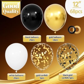 68Pcs Black White Gold Balloons with 12 Inch Black Gold Confetti Balloons for Graduation Birthday Wedding Party Decorations