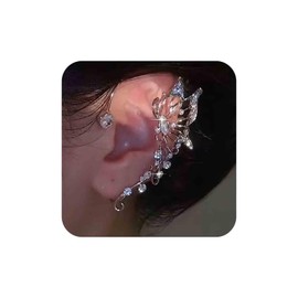 Aneneiceera Boho Crystal Butterfly Cuff Wrap Earrings Silver Crystal Ear Climber Earrings Long Rhinestone Crawler Cuff Earrings Cluster Cz Cartilage Clip on Earrings Jewelry for Women (Left)