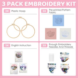 AUTOWT Beginner Embroidery Starter Kit, 3 Needlepoint Embroidery Kit for Adults DIY Handmade Sewing Craft with Plant Floral Patterns, Stitching Sewing Kit Scenery Series, Colored Thread, Needles, Bamboo Hoops(Pattern D)