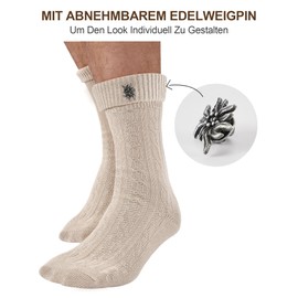 Effeet 1 Pair Short Costume Socks Men Women with Edelweiss Pin Long Costume Stockings Oktoberfest, Natural blend with removable edelweiss pin, 43 - 46