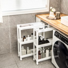 S AFSTAR 3 Tier Rolling Utility Cart Set of 2, Slide Out Mobile Utility Cart for Small Space, Free Combination-Easy Assembly Shelving Unit, 2-Pack 3-Tier Slim Storage Cart for Bathroom Laundry Room