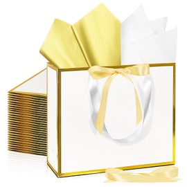 MUNILAIL 12 Pcs White and Gold Gift Bag with Handles, 13 Inches Large Gift Bag with Tissue Paper Bow Ribbon for Christmas Wedding Baby Shower Birthday Paper Gift Bag