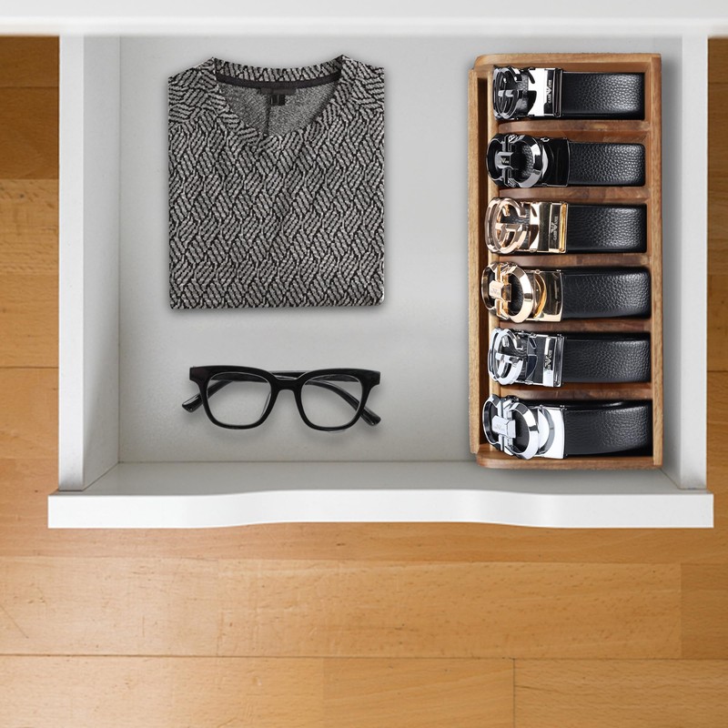 MinBoo Acacia Wood Belt Organizer Box,6 Grids Belt Rack for