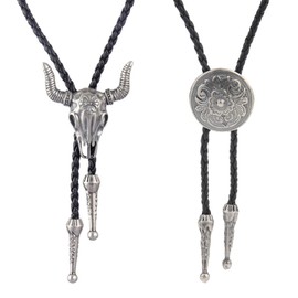 GETFACAI 2 PCS Cowboy Necklace, Silver Color Bull Head Necklace, Mens Leather Necklace,Vintage Leather Necklace, Adjustable Collarbone Chain, Birthday Gift for Girls and Boys