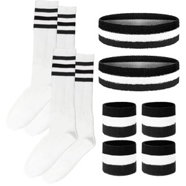 10 Pieces Striped Sweatbands and Striped Socks Set Headbands Wrist Sweat Bands for Men and Women Sports 80s 90s Fitness (Black, White, Black)