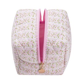 JOVAKIT Cubic Shaped Quilted Makeup Bag Cosmetic Bag for Women, Floral Coquette Cotton Cube Travel Makeup Case Zipper Make Up Pouch, Travel Storage Organizer (Pink Floral)