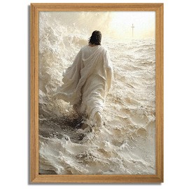 Framed Jesus Walks on Water Wall Art – Christ and Cross Abstract 3D Textured Painting – Modern Christian Home Decor Print – Inspirational Classic Art for Living Room Bedroom 12x16 inch