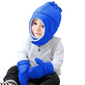 PONCEAU Baby Boys Girls Sherpa Fleece Lined Winter hat Gloves Mitten Set Infant Toddler Tropper hat Aviator hat Royal Blue/Mitten Set 3-12 Months