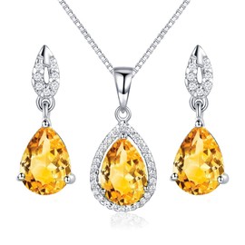 JIANGXIN Teardrop Citrine Yellow Birthstone 925 Sterling Silver White Gold Plated Gemstone Jewelry Set for Women Stud Earring Pendant Necklace 16~18inch Italian Box chain