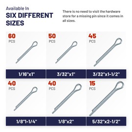JaamZee Cotter Pins 250 Pcs Straight pins - Sturdy & Durable Alloy Steel - R- Shaped Heavy Duty Cotter Pin Assortment Kit in 6 Different Sizes - Perfect for Mechanics, Lawn Mowers, & RV Owners