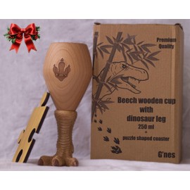 G'nes Eco-friendly Beech Wooden Cup with T-Rex Dinosaur Leg 250 ml with Engraved Logo + Puzzle Shaped Bamboo Coaster - Premium Quality - Hand made